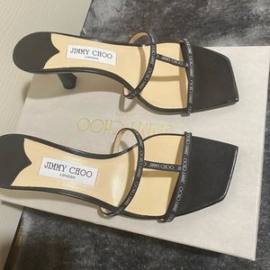 JIMMY CHOO RIA 65 Denim Nappa Leather Mules with Logo-Woven/Size 39